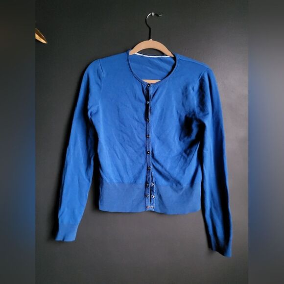 Chicos Cobalt Blue Snap Rhinestone Center Silver Closure Long Sleeve Sz M - Picture 1 of 11